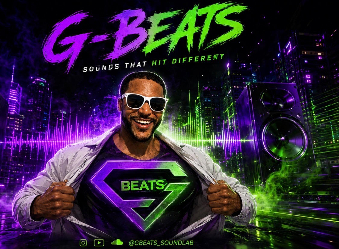 GBeats revealing a glowing purple and green emblem in a neon city soundscape