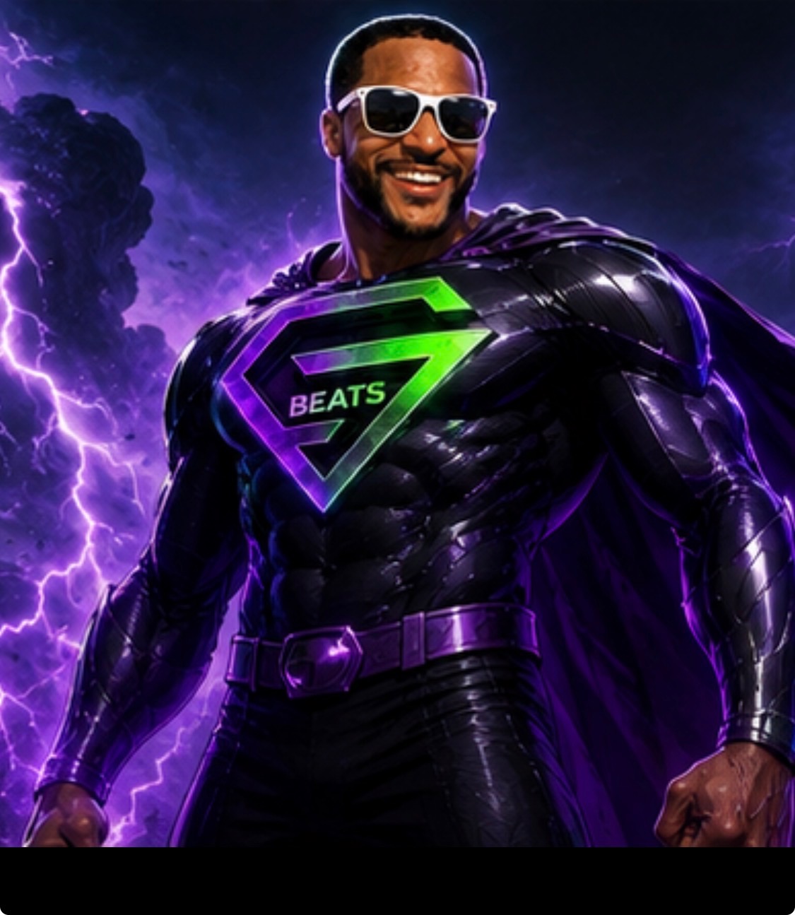 GBeats smiling in white sunglasses and a black suit with a purple and green G Beats emblem